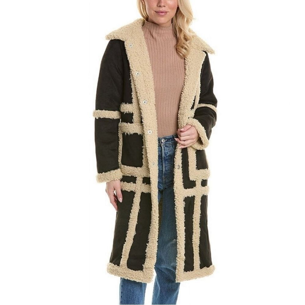 NWT Rebecca Minkoff Black Creme Long Vegan Shearling Coat Large